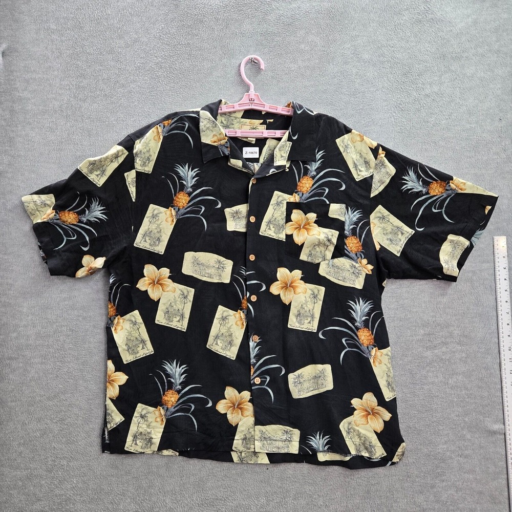 Jamaica Jaxx Men‎ Shirt XXL Black Floral Silk Hawaiian Pineapple Short Sleeve